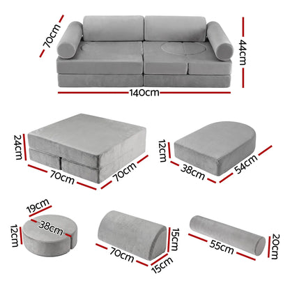 Keezi 12PCS Modular Kids Play Couch Foam Sofa Set with Removable Washable Cover Grey Playroom - Image 3