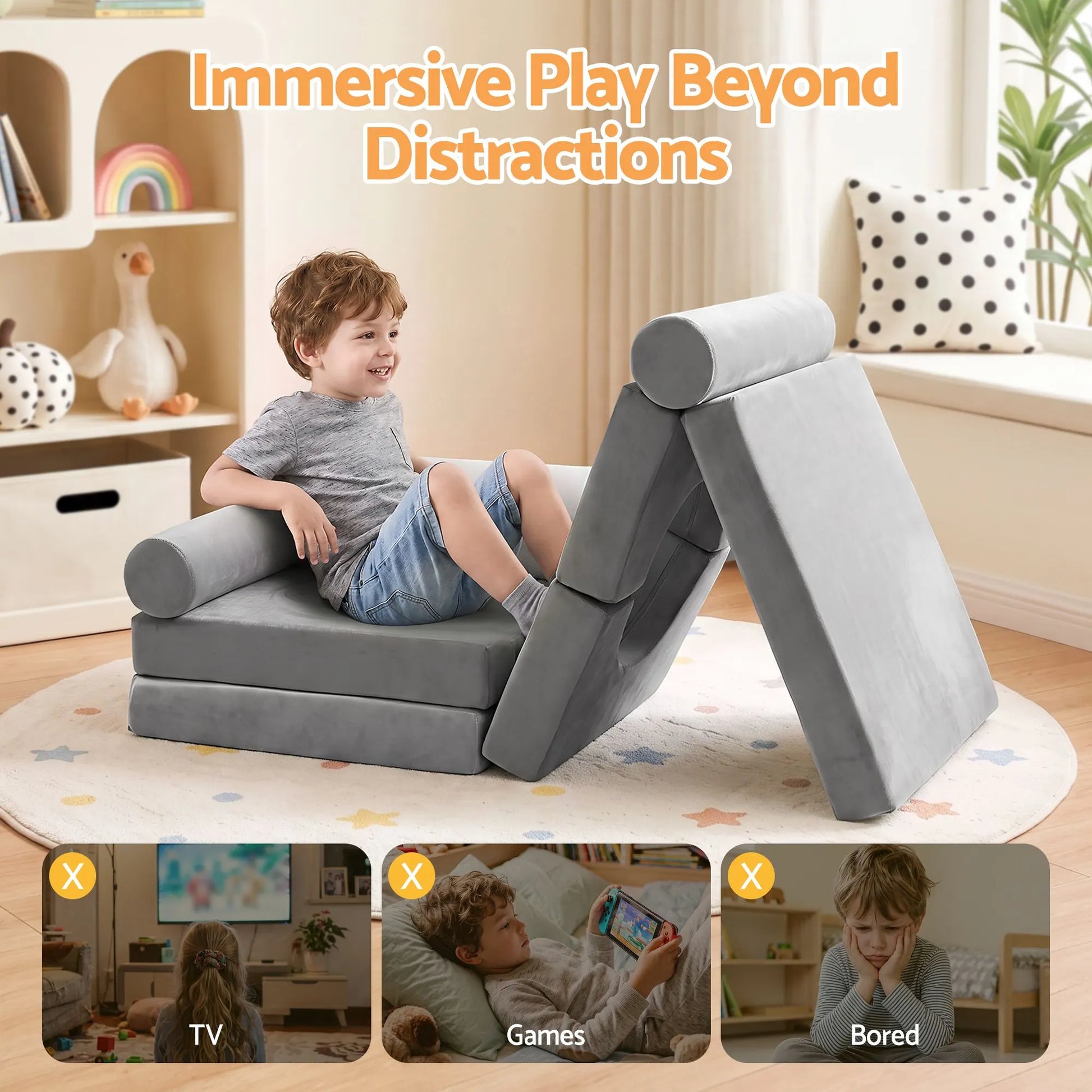 Keezi 12PCS Modular Kids Play Couch Foam Sofa Set with Removable Washable Cover Grey Playroom - Image 5