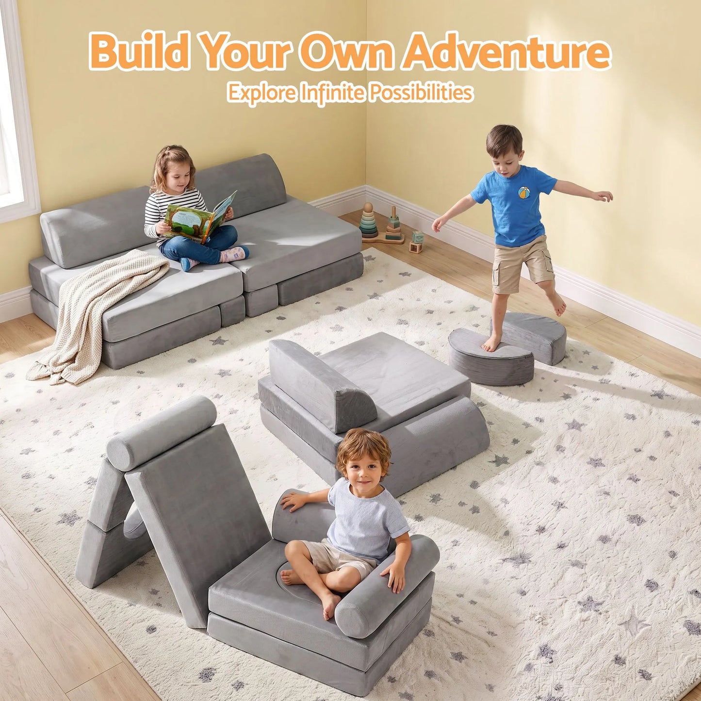Keezi 12PCS Modular Kids Play Couch Foam Sofa Set with Removable Washable Cover Grey Playroom - Image 7
