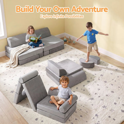 Keezi 12PCS Modular Kids Play Couch Foam Sofa Set with Removable Washable Cover Grey Playroom - Image 7
