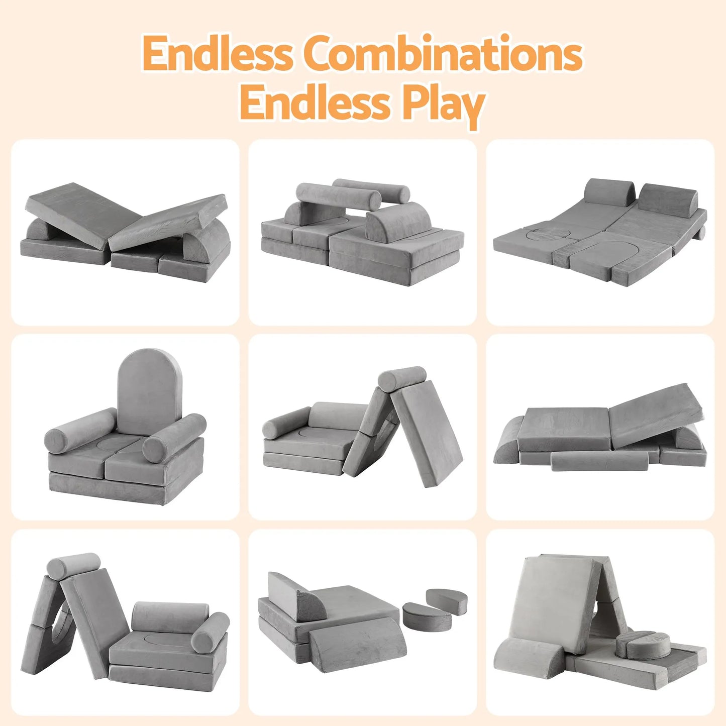 Keezi 12PCS Modular Kids Play Couch Foam Sofa Set with Removable Washable Cover Grey Playroom - Image 8