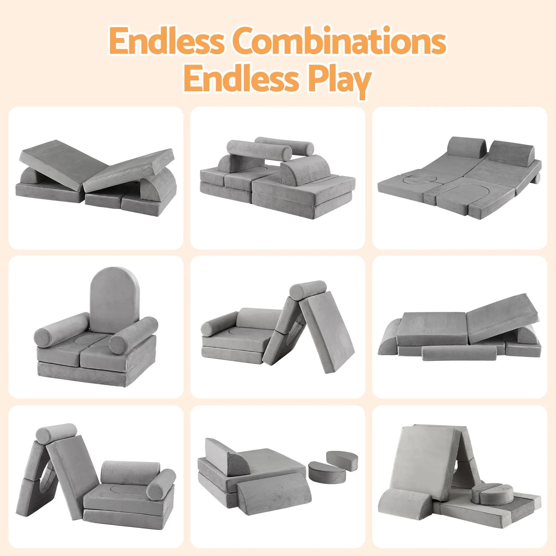 Keezi 12PCS Modular Kids Play Couch Foam Sofa Set with Removable Washable Cover Grey Playroom - Image 8