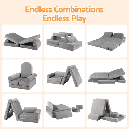 Keezi 12PCS Modular Kids Play Couch Foam Sofa Set with Removable Washable Cover Grey Playroom - Image 8
