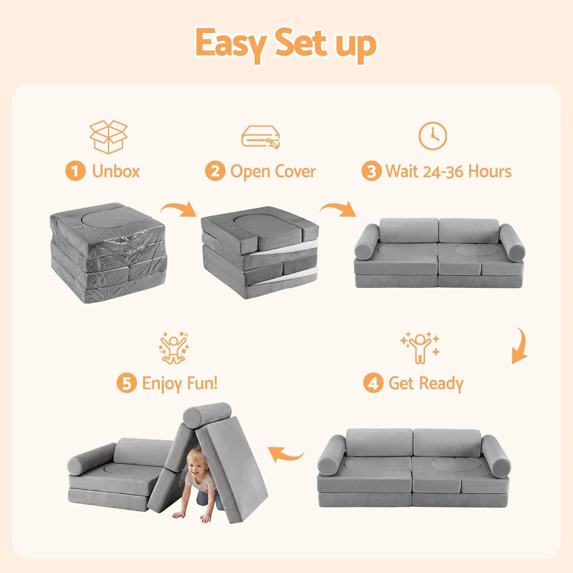 Keezi 12PCS Modular Kids Play Couch Foam Sofa Set with Removable Washable Cover Grey Playroom - Image 9