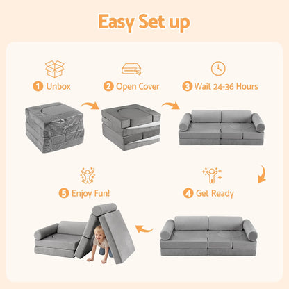 Keezi 12PCS Modular Kids Play Couch Foam Sofa Set with Removable Washable Cover Grey Playroom - Image 9