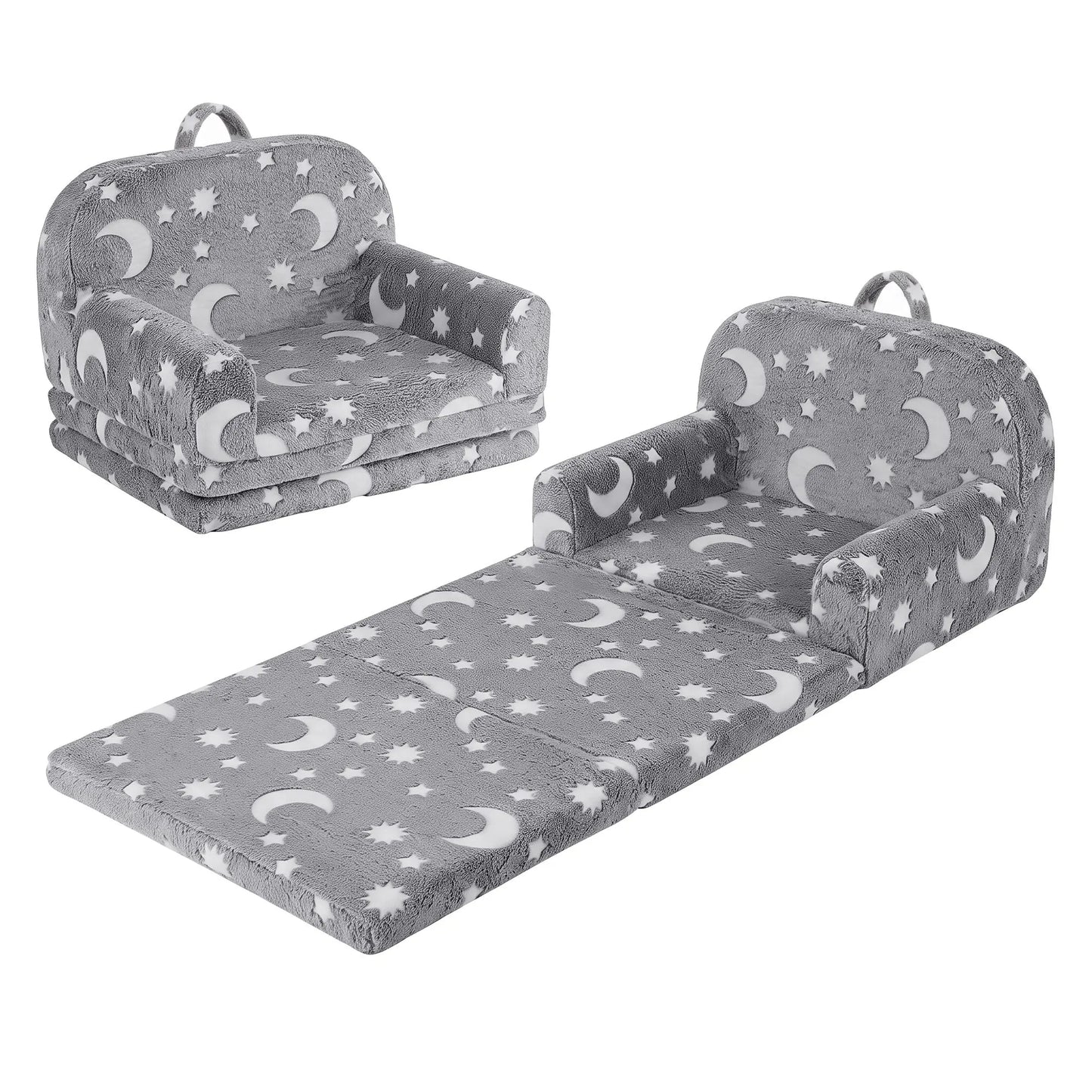 Keezi Kids 2-in-1 Fold Out Sofa Bed with Removable Washable Cover, Carry Handle, Storage Pocket, Glow in the Dark, Grey - Image 2