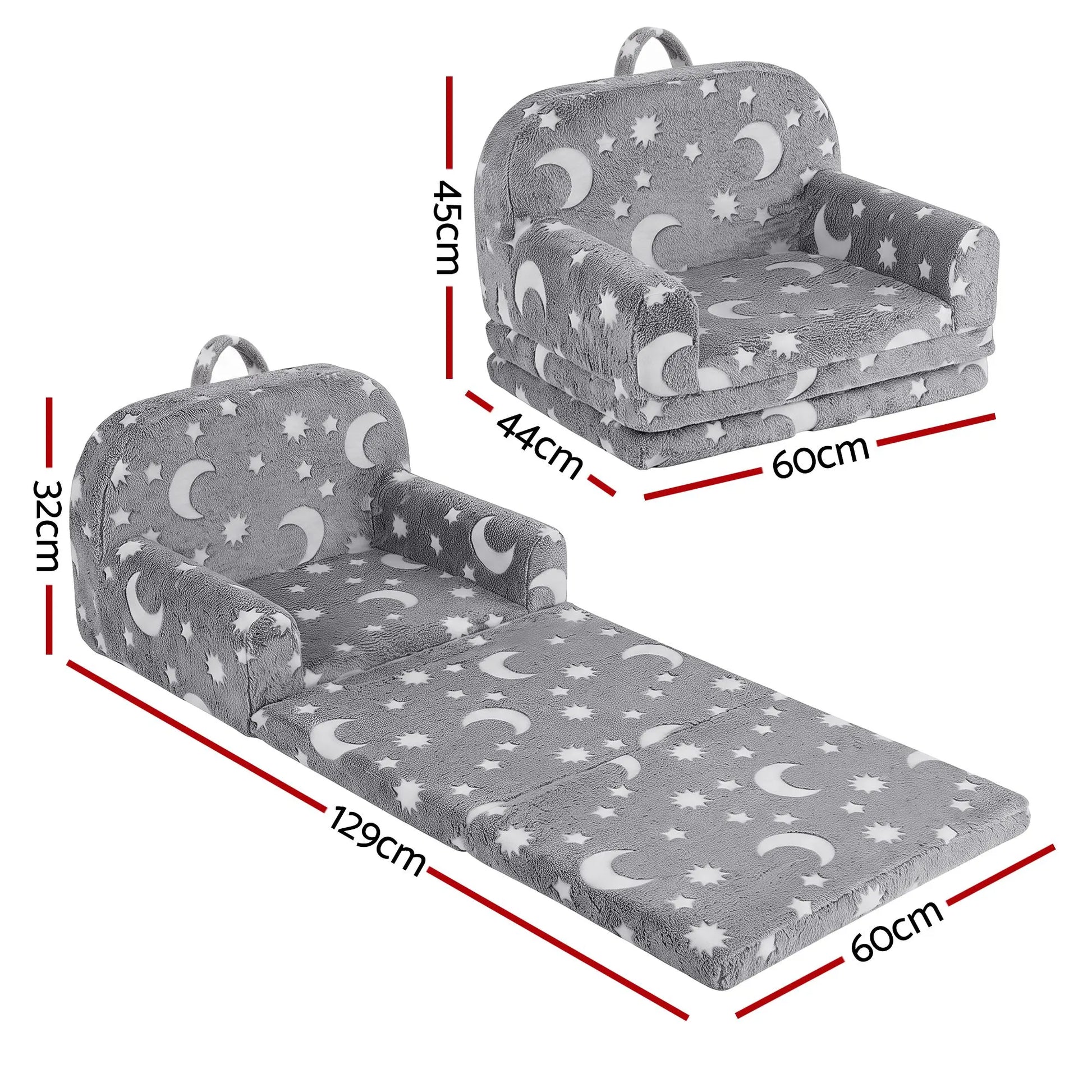 Keezi Kids 2-in-1 Fold Out Sofa Bed with Removable Washable Cover, Carry Handle, Storage Pocket, Glow in the Dark, Grey - Image 3