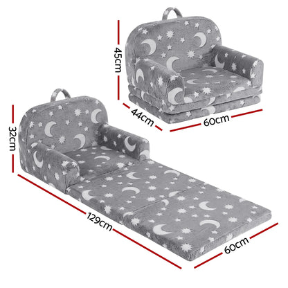 Keezi Kids 2-in-1 Fold Out Sofa Bed with Removable Washable Cover, Carry Handle, Storage Pocket, Glow in the Dark, Grey - Image 3