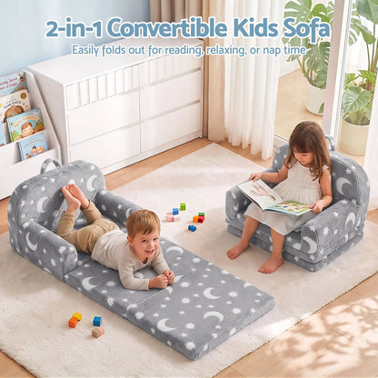 Keezi Kids 2-in-1 Fold Out Sofa Bed with Removable Washable Cover, Carry Handle, Storage Pocket, Glow in the Dark, Grey - Image 5
