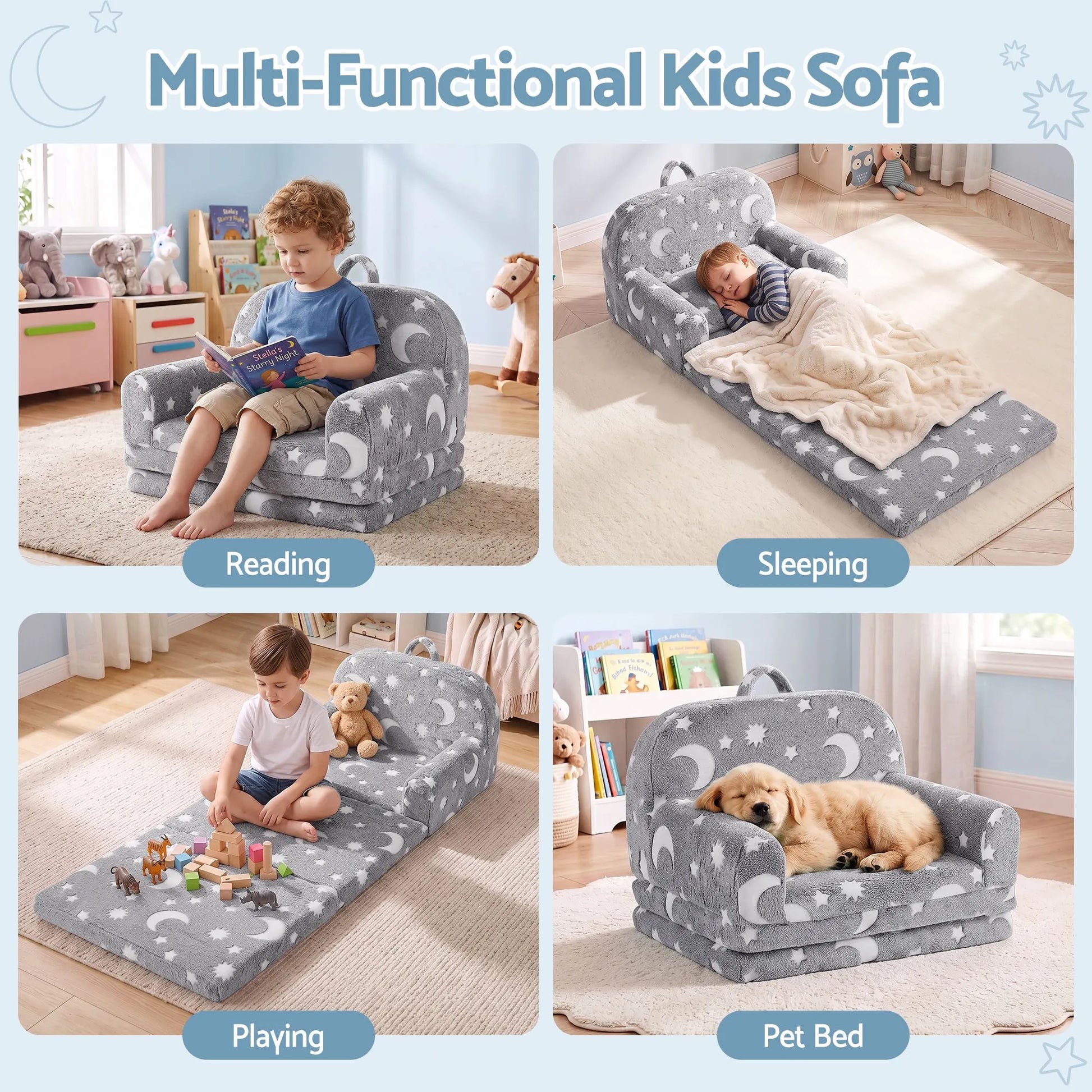 Keezi Kids 2-in-1 Fold Out Sofa Bed with Removable Washable Cover, Carry Handle, Storage Pocket, Glow in the Dark, Grey - Image 6
