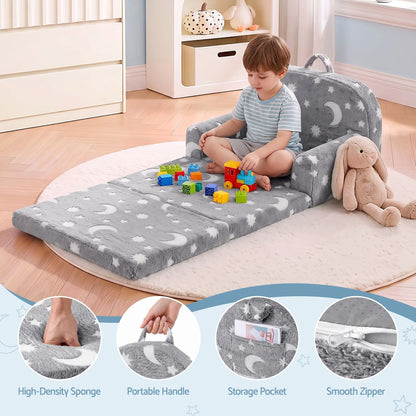 Keezi Kids 2-in-1 Fold Out Sofa Bed with Removable Washable Cover, Carry Handle, Storage Pocket, Glow in the Dark, Grey - Image 8