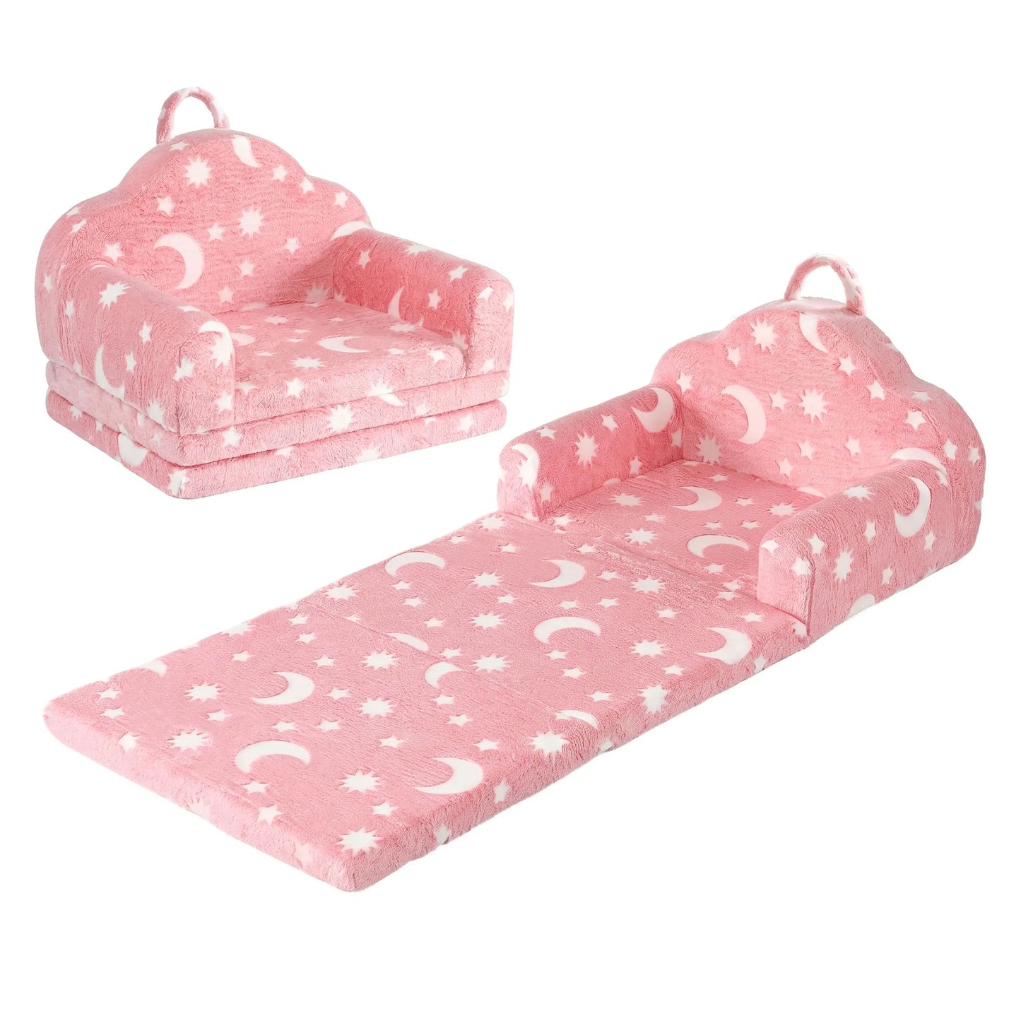 Keezi Kids 2-in-1 Fold Out Sofa Bed with Removable Washable Cover, Carry Handle, Storage Pocket, Glow in the Dark, Pink - Image 2