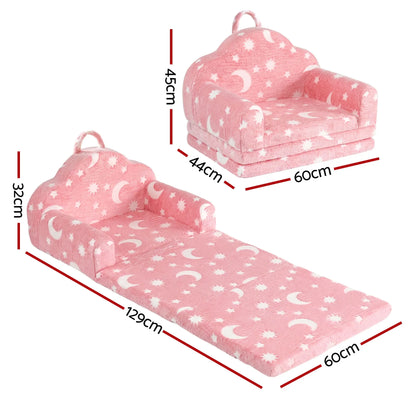Keezi Kids 2-in-1 Fold Out Sofa Bed with Removable Washable Cover, Carry Handle, Storage Pocket, Glow in the Dark, Pink - Image 3