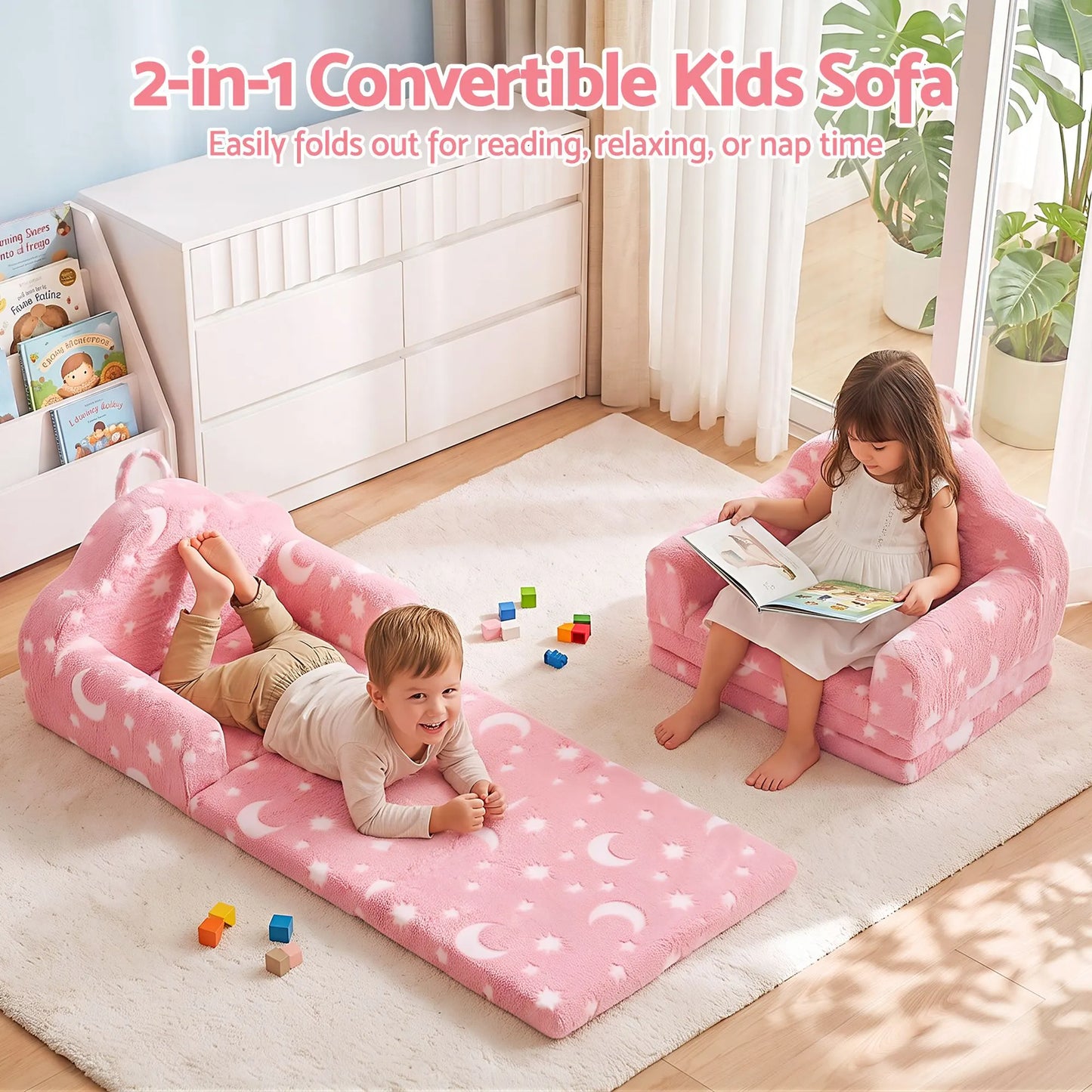 Keezi Kids 2-in-1 Fold Out Sofa Bed with Removable Washable Cover, Carry Handle, Storage Pocket, Glow in the Dark, Pink - Image 5