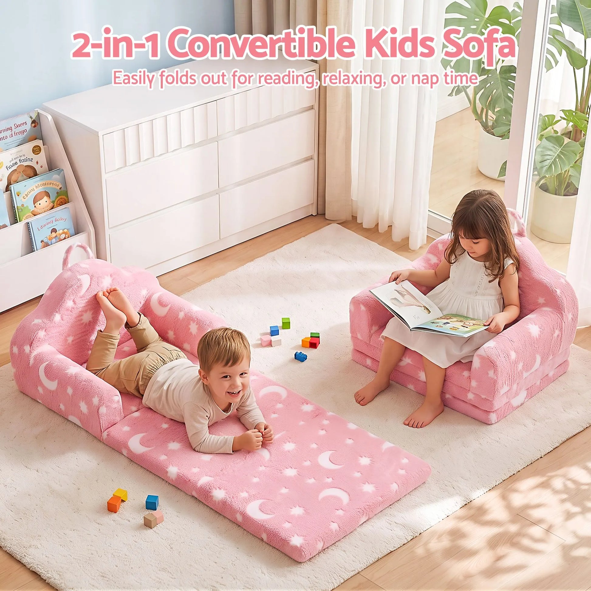 Keezi Kids 2-in-1 Fold Out Sofa Bed with Removable Washable Cover, Carry Handle, Storage Pocket, Glow in the Dark, Pink - Image 5
