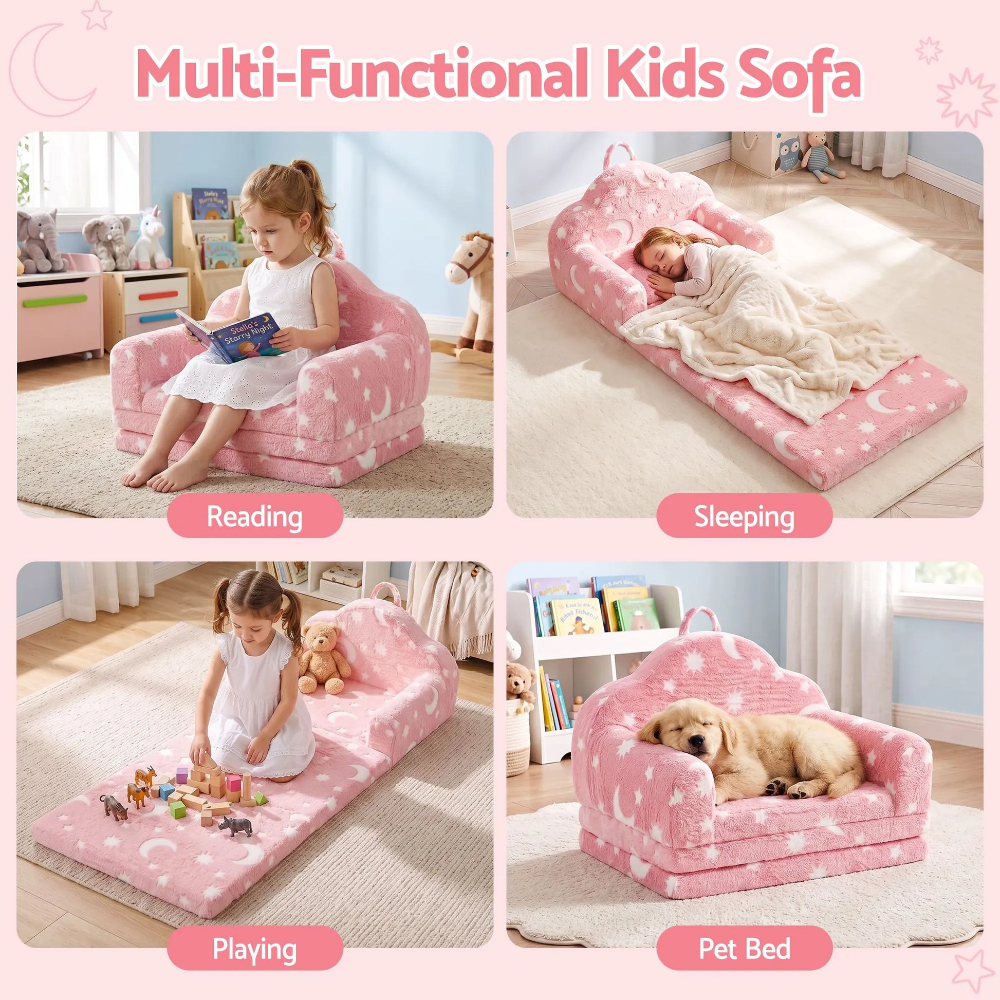 Keezi Kids 2-in-1 Fold Out Sofa Bed with Removable Washable Cover, Carry Handle, Storage Pocket, Glow in the Dark, Pink - Image 6