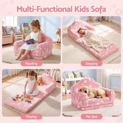 Keezi Kids 2-in-1 Fold Out Sofa Bed with Removable Washable Cover, Carry Handle, Storage Pocket, Glow in the Dark, Pink - Image 6