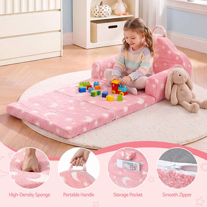 Keezi Kids 2-in-1 Fold Out Sofa Bed with Removable Washable Cover, Carry Handle, Storage Pocket, Glow in the Dark, Pink - Image 8