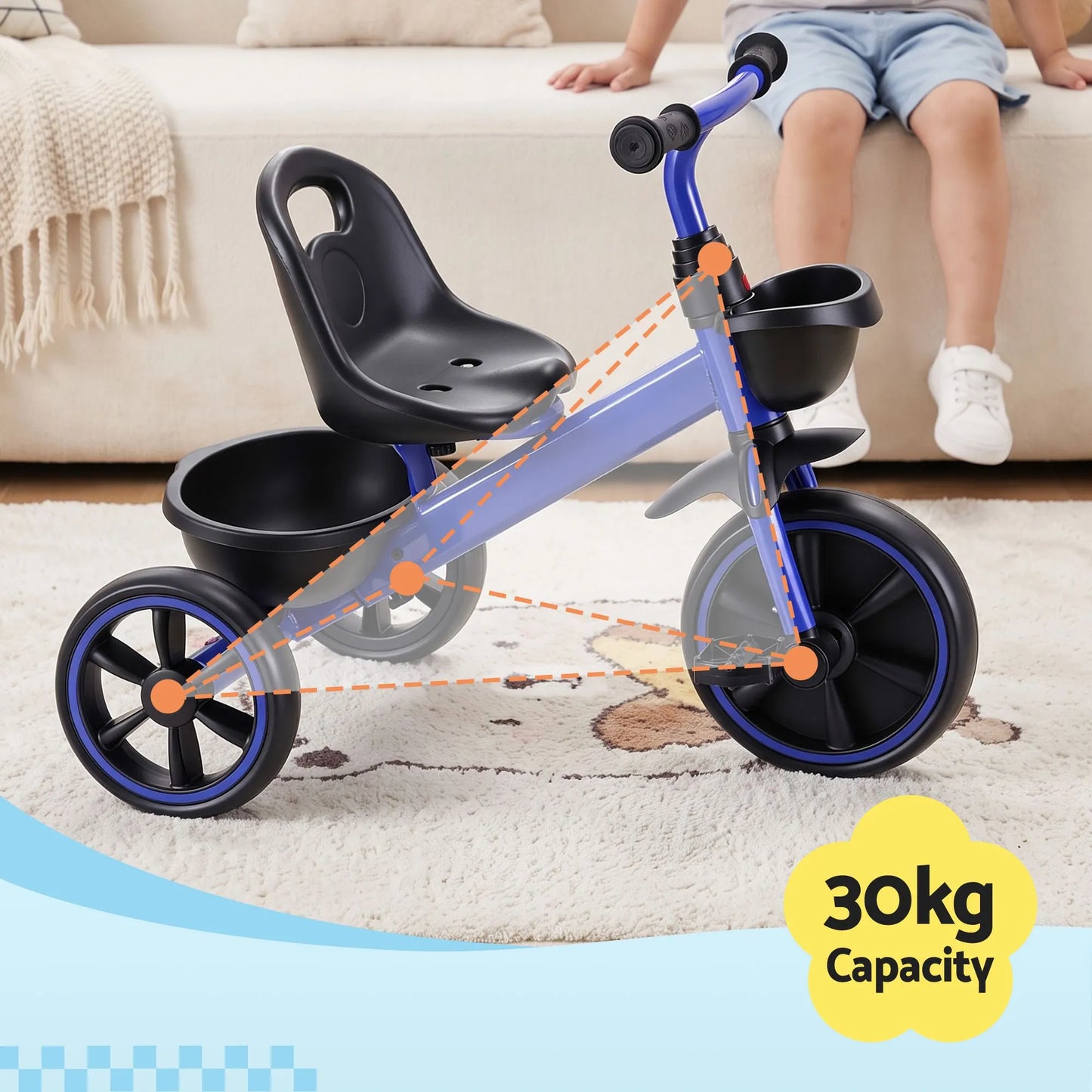RIGO Tricycle Bike, Kids Bike with 3 wheels, basket Carbon Steel 68cm Blue - Image 6