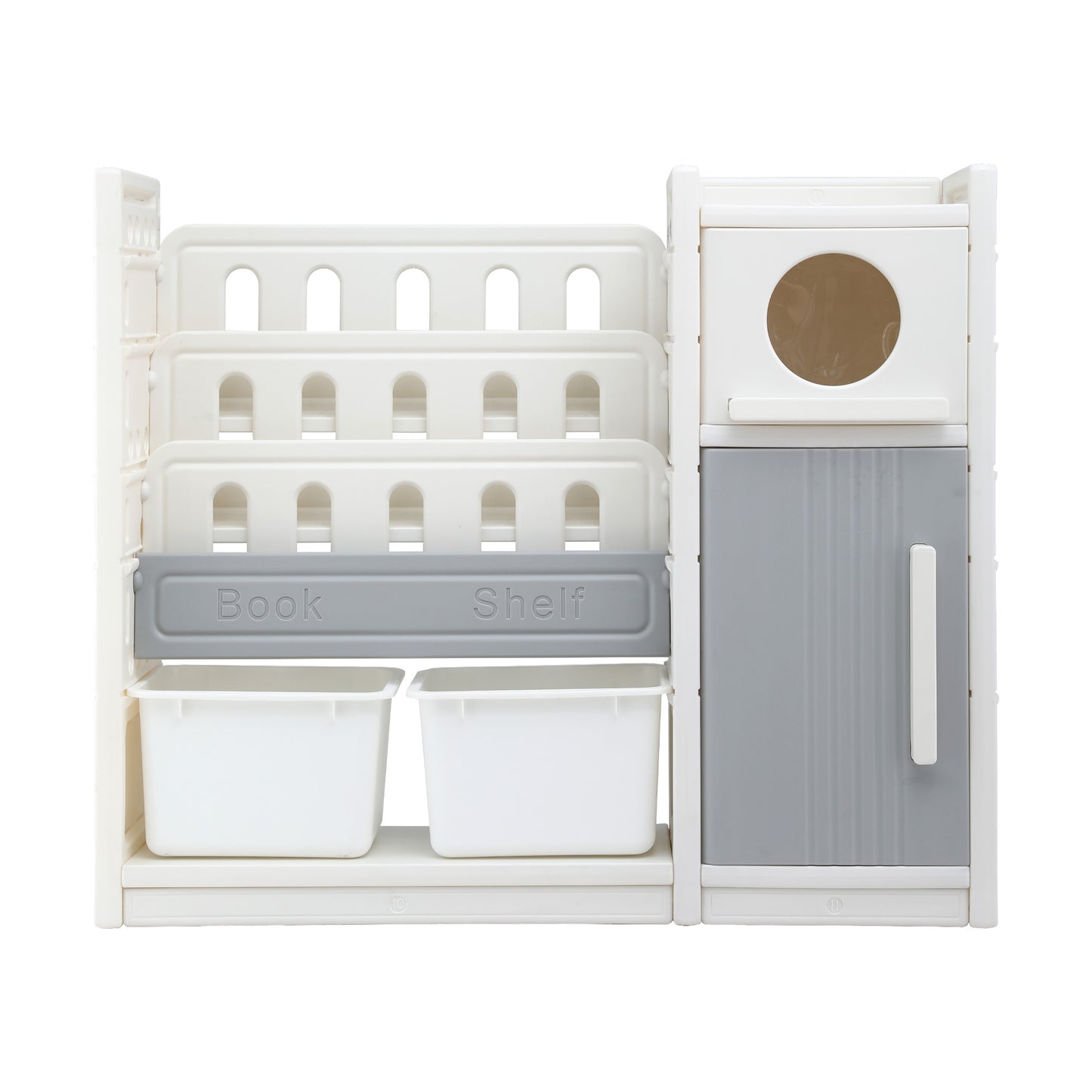 Keezi Kids Bookshelf and Toy Storage Organizer with 3-Tier Bookshelvs, 2 Removable Bins and 2 Storage Cabinets, Toddler Bookshelf with Toy Organizer for Kids' Rooms, Playrooms - Image 4
