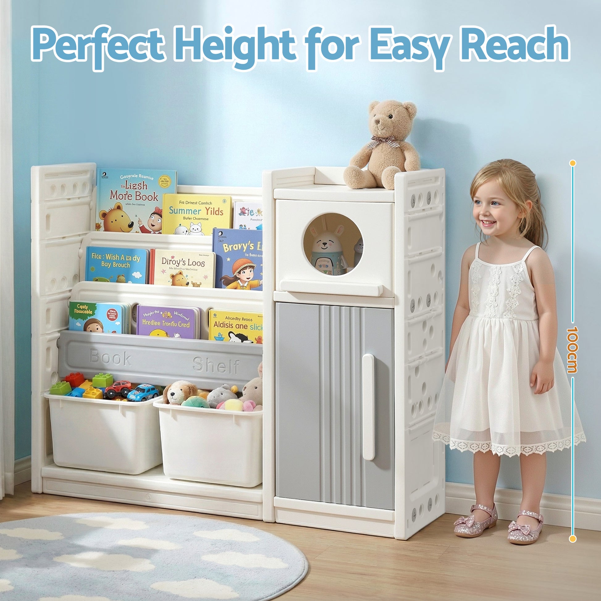 Keezi Kids Bookshelf and Toy Storage Organizer with 3-Tier Bookshelvs, 2 Removable Bins and 2 Storage Cabinets, Toddler Bookshelf with Toy Organizer for Kids' Rooms, Playrooms - Image 5