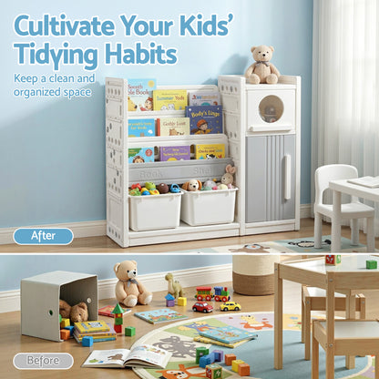 Keezi Kids Bookshelf and Toy Storage Organizer with 3-Tier Bookshelvs, 2 Removable Bins and 2 Storage Cabinets, Toddler Bookshelf with Toy Organizer for Kids' Rooms, Playrooms - Image 6