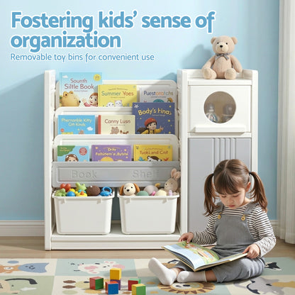 Keezi Kids Bookshelf and Toy Storage Organizer with 3-Tier Bookshelvs, 2 Removable Bins and 2 Storage Cabinets, Toddler Bookshelf with Toy Organizer for Kids' Rooms, Playrooms - Image 8