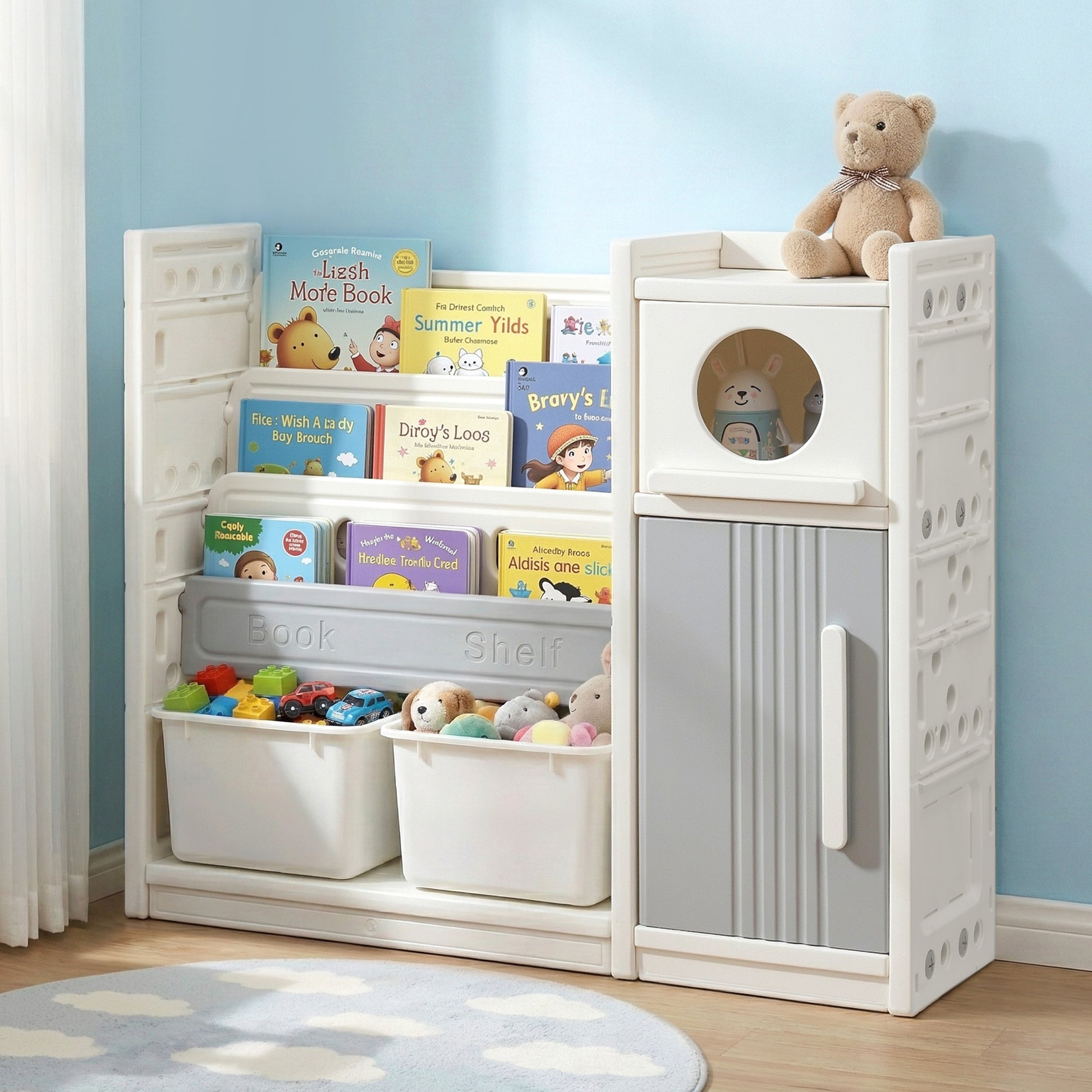 Keezi Kids Bookshelf and Toy Storage Organizer with 3-Tier Bookshelvs, 2 Removable Bins and 2 Storage Cabinets, Toddler Bookshelf with Toy Organizer for Kids' Rooms, Playrooms - Image 9