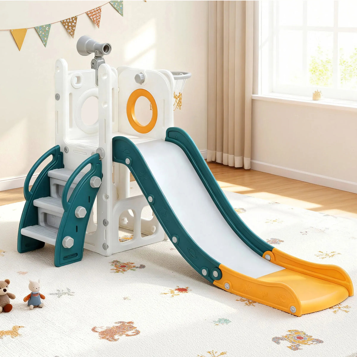 Keezi Kids Slide Set Basketball Hoop Outdoor Playground Outdoor Toys Telescope Storage