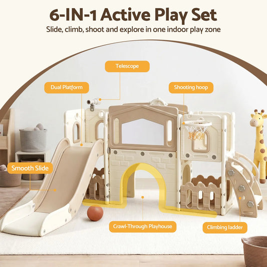 Keezi Kids Slide Set Toddler Indoor Playset With Drawing Board Beige - Image 4