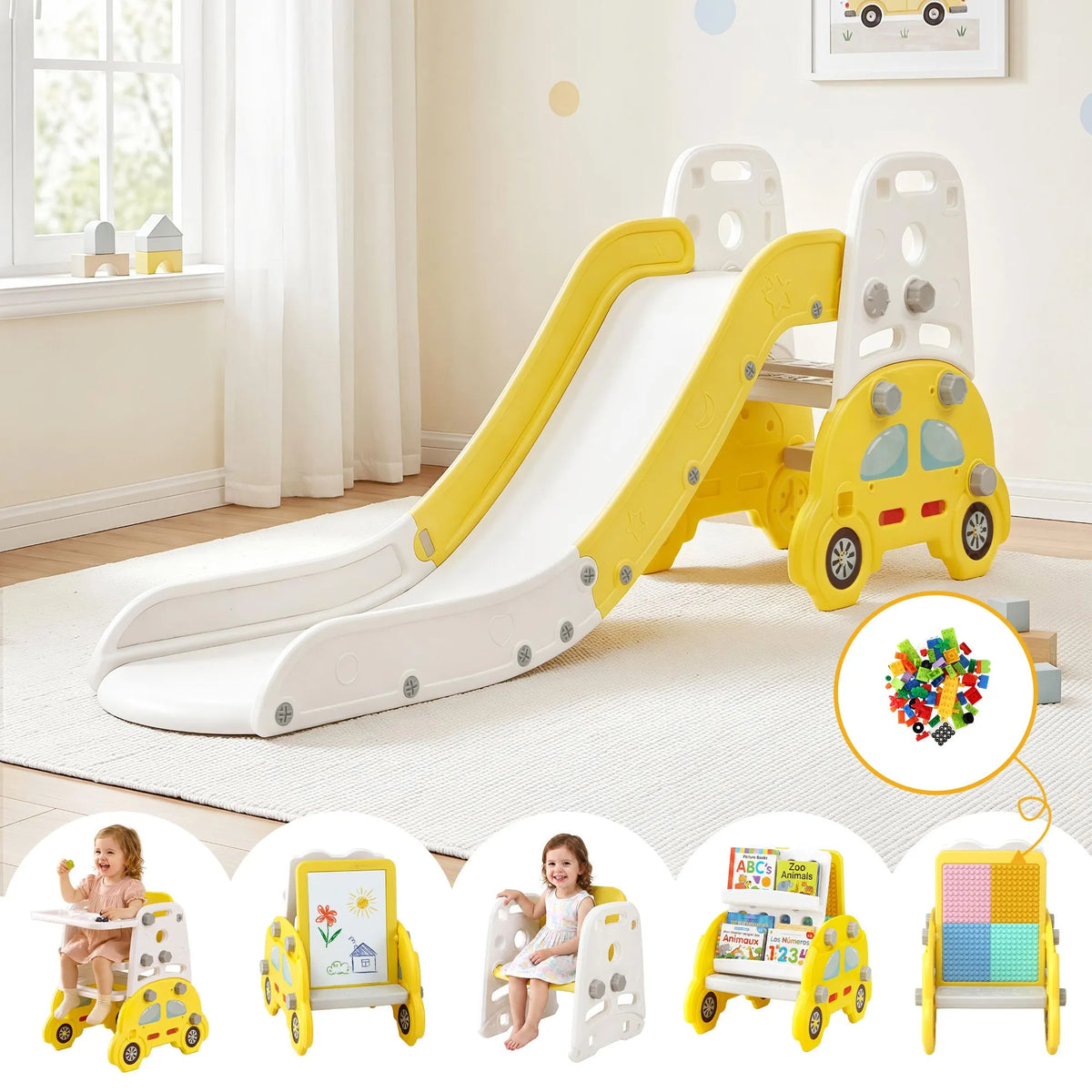Keezi Kids Slide Set Toddler Indoor Playset Bookshelf Drawing Board Yellow