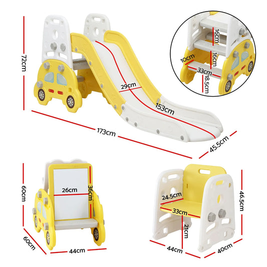Keezi Kids Slide Set Toddler Indoor Playset Bookshelf Drawing Board Yellow - Image 2