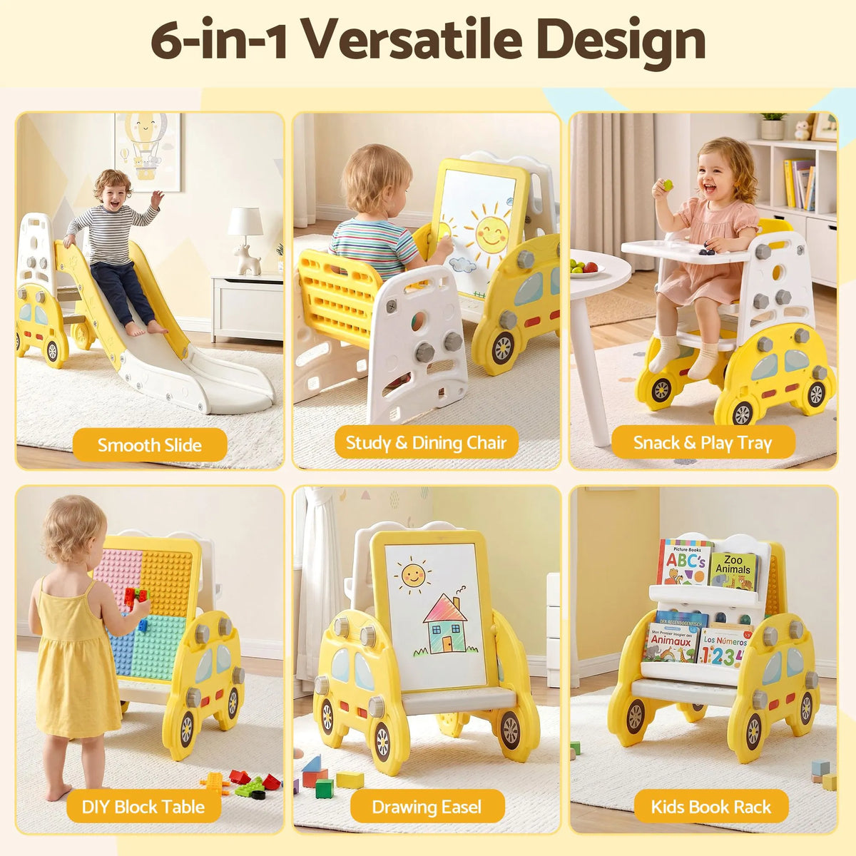 Keezi Kids Slide Set Toddler Indoor Playset Bookshelf Drawing Board Yellow - Image 4