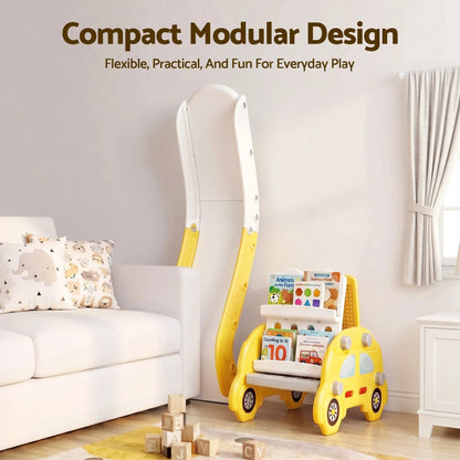 Keezi Kids Slide Set Toddler Indoor Playset Bookshelf Drawing Board Yellow - Image 5