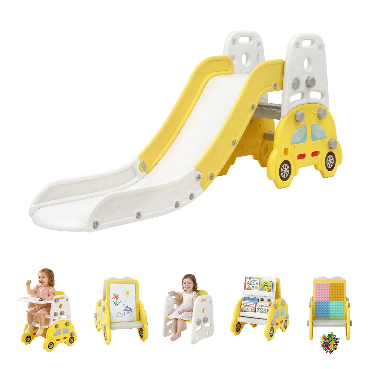 Keezi Kids Slide Set Toddler Indoor Playset Bookshelf Drawing Board Yellow - Image 9