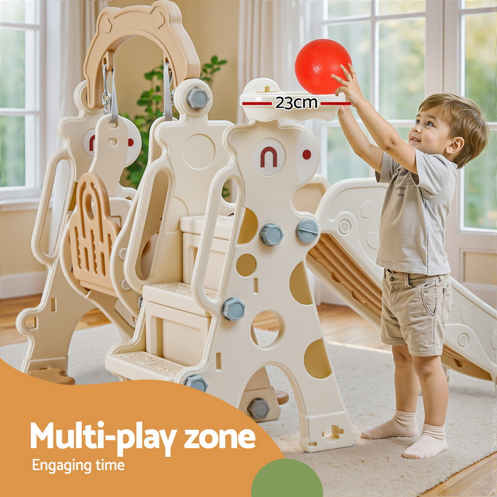 Keezi Kids Slide Swing Set Basketball Hoop Outdoor Playground Toys 160cm Beige - Image 5
