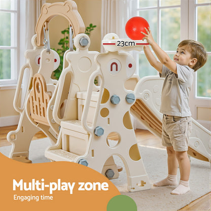 Keezi Kids Slide Swing Set Basketball Hoop Outdoor Playground Toys 160cm Beige - Image 5