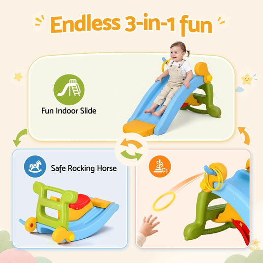 Keezi Kids Slide Set Toddler Indoor Playset Rocking Horse Ring Toss Multi Colour - Image 4