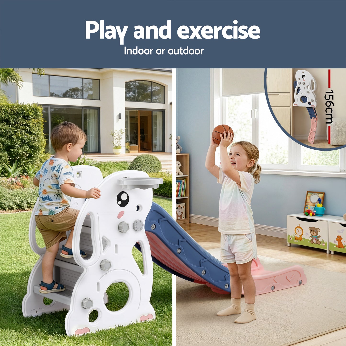 Keezi Kids Slide Set Basketball Hoop Ring Outdoor Playground Toy Rabbit 147cm - Image 4