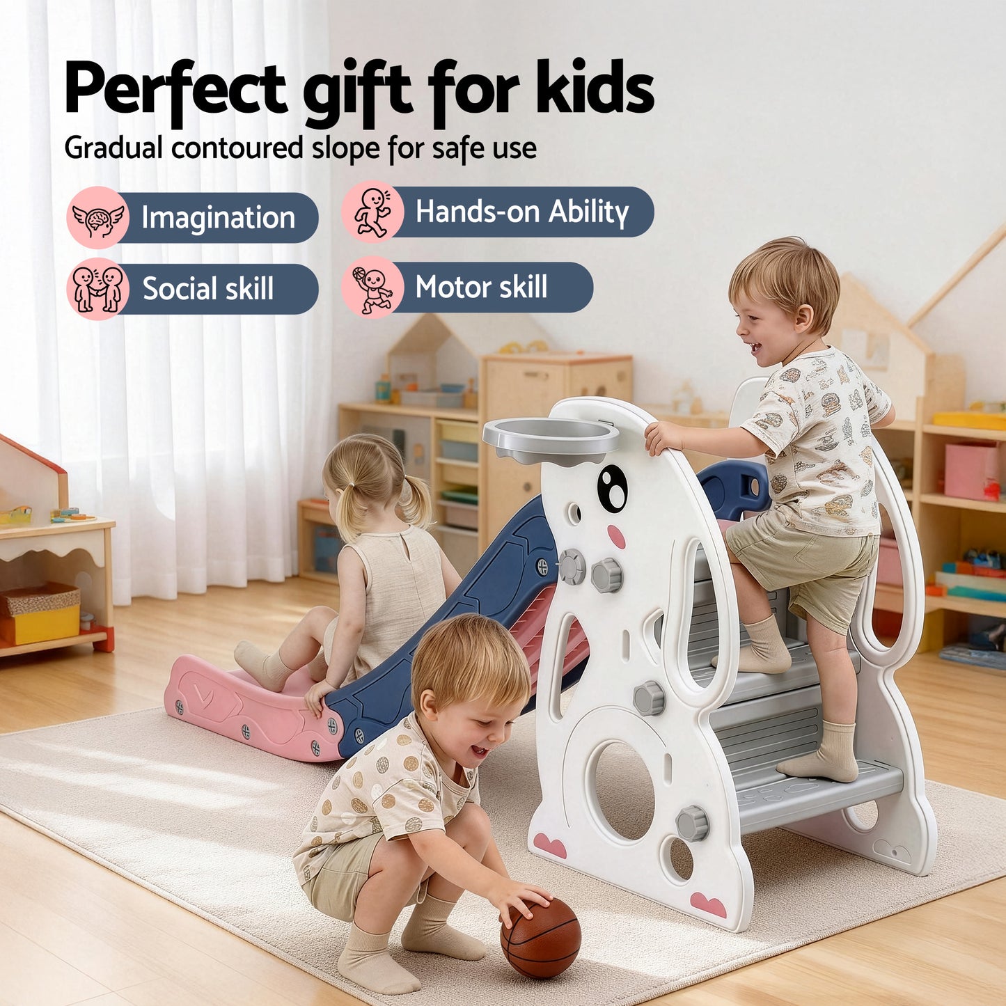 Keezi Kids Slide Set Basketball Hoop Ring Outdoor Playground Toy Rabbit 147cm - Image 8