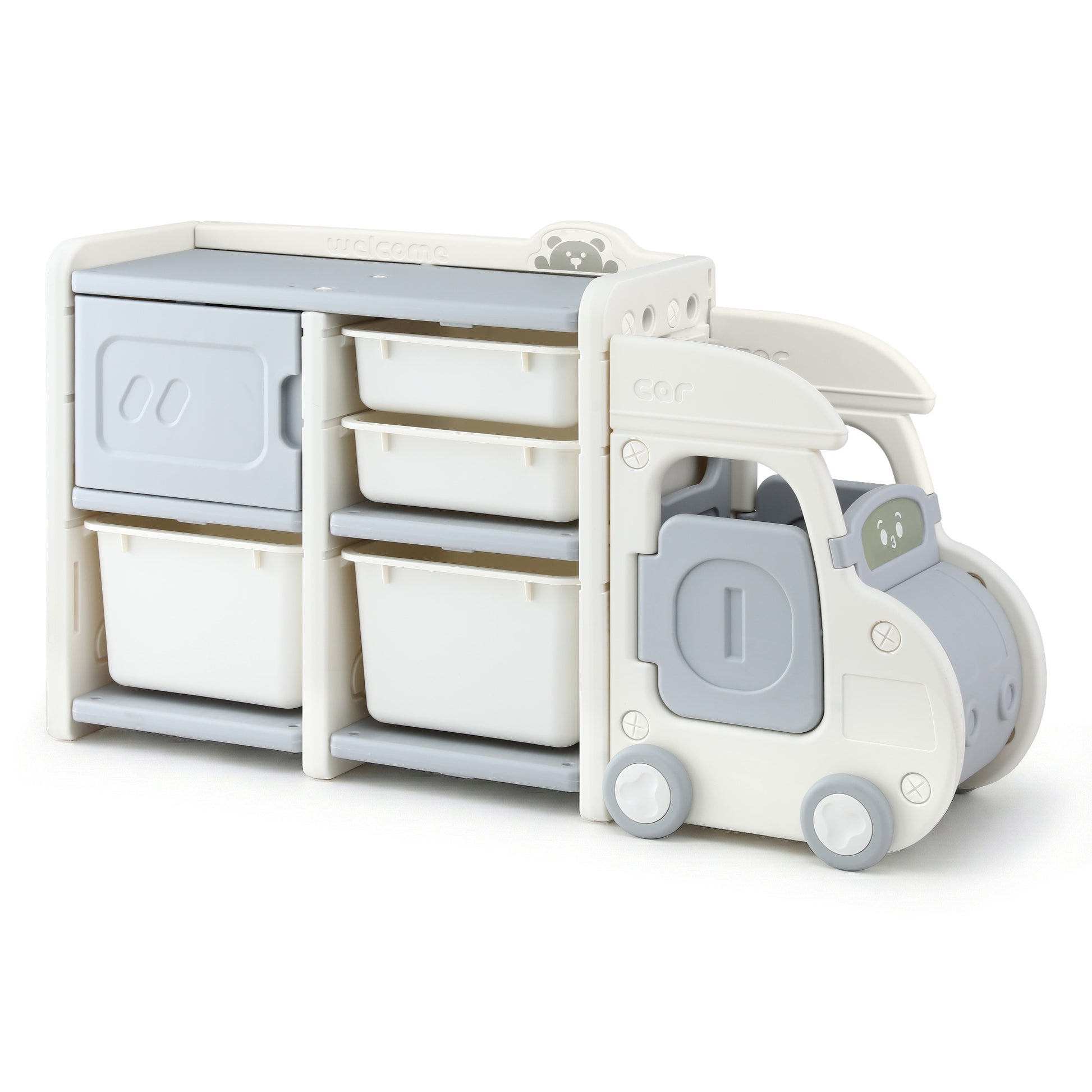 Keezi Toy Storage Organizer with 4 Storage Bins and Cabinet, Bookcase Kids Toys Box, Toy Storage for Kids Room, Playroom, Bedroom, Nursery, Car Shaped