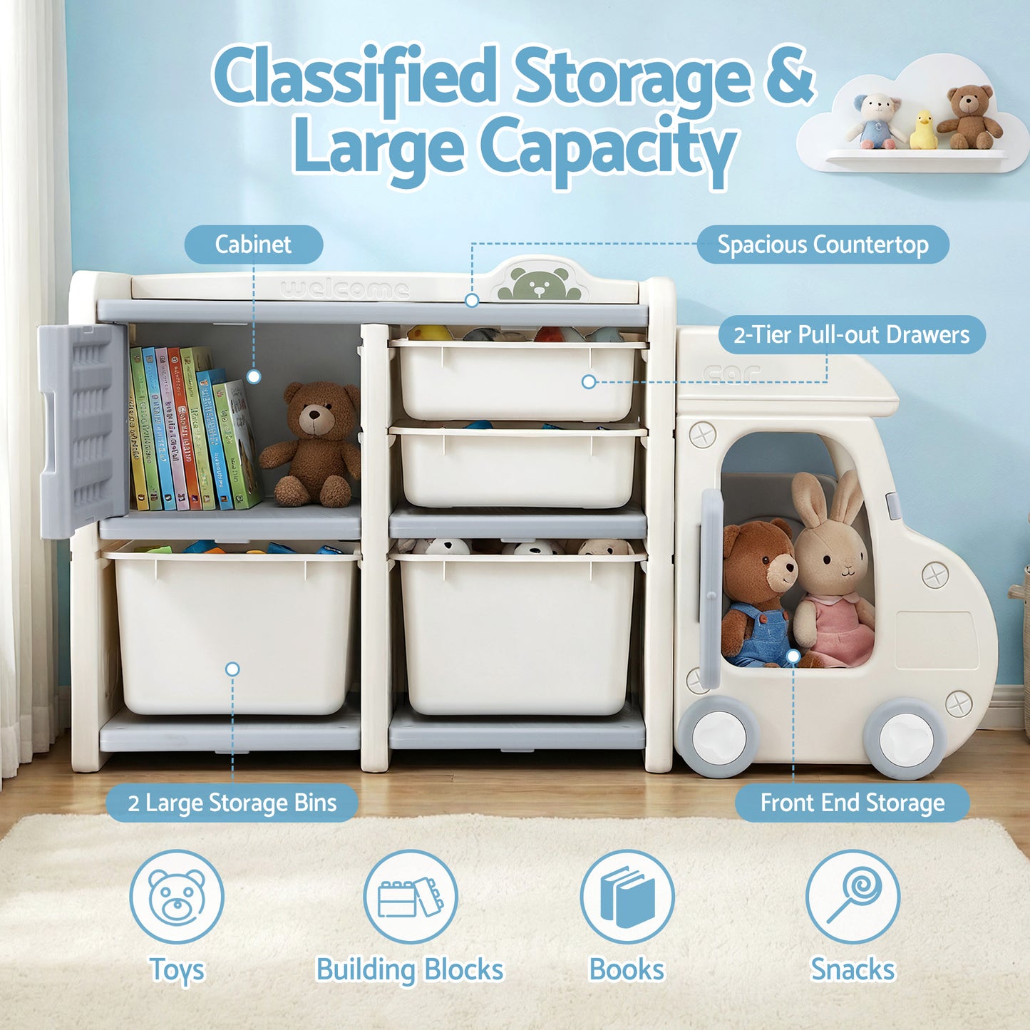 Keezi Toy Storage Organizer with 4 Storage Bins and Cabinet, Bookcase Kids Toys Box, Toy Storage for Kids Room, Playroom, Bedroom, Nursery, Car Shaped - Image 5