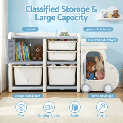Keezi Toy Storage Organizer with 4 Storage Bins and Cabinet, Bookcase Kids Toys Box, Toy Storage for Kids Room, Playroom, Bedroom, Nursery, Car Shaped - Image 5