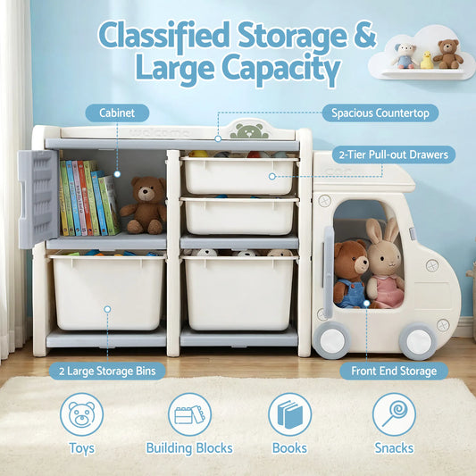 Keezi Toy Storage Organizer with 4 Storage Bins and Cabinet, Bookcase Kids Toys Box, Toy Storage for Kids Room, Playroom, Bedroom, Nursery, Car Shaped - Image 5
