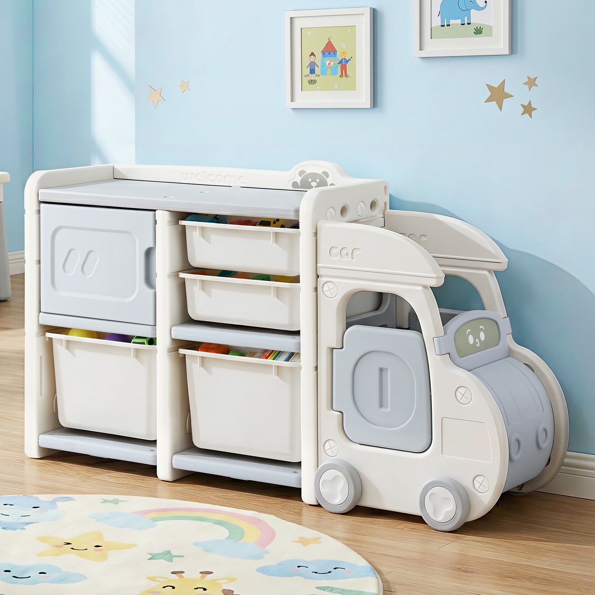 Keezi Toy Storage Organizer with 4 Storage Bins and Cabinet, Bookcase Kids Toys Box, Toy Storage for Kids Room, Playroom, Bedroom, Nursery, Car Shaped - Image 9
