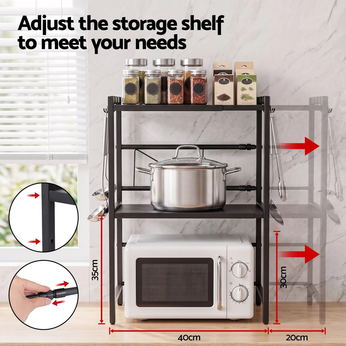 Artiss Kitchen Bakers Rack 40-60CMX78CM Metal Microwave Stand Black - Image 6