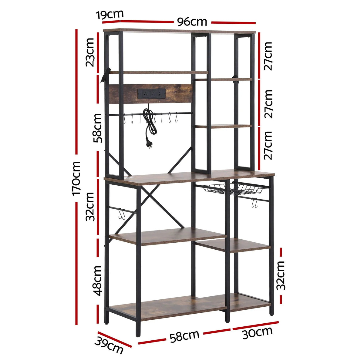 Artiss Kitchen Rack with Power Outlets Hooks 96CMX170CM Microwave Storage Shelf - Image 3
