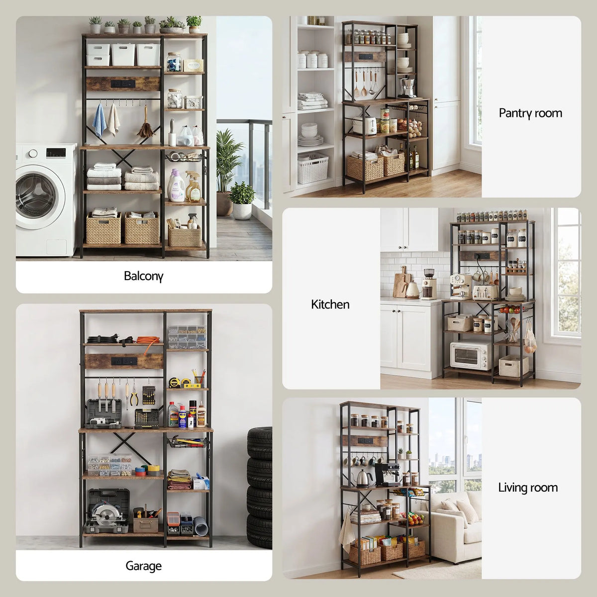 Artiss Kitchen Rack with Power Outlets Hooks 96CMX170CM Microwave Storage Shelf - Image 9