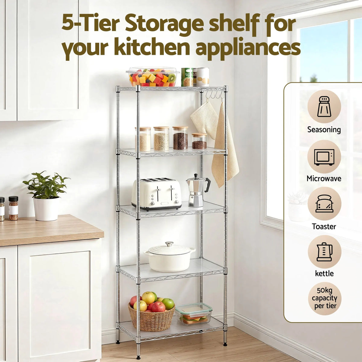 Artiss 5-Tier Kitchen Rack Shelf Shelving Unit 60x35x150CM Adjustable Metal Storage Shelves Silver - Image 6