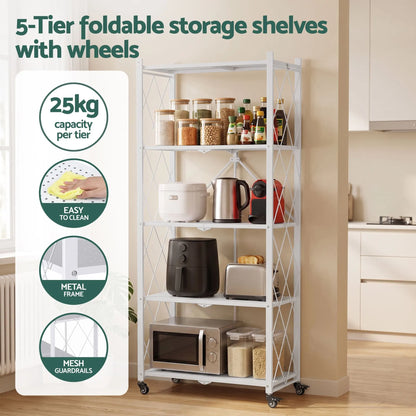 Artiss 5-Tier Foldable Kitchen Bakers Rack 71x160cm Microwave Stand White - Image 5